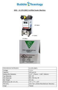 UL EPH NSF Sealer Machine Spec Sheet